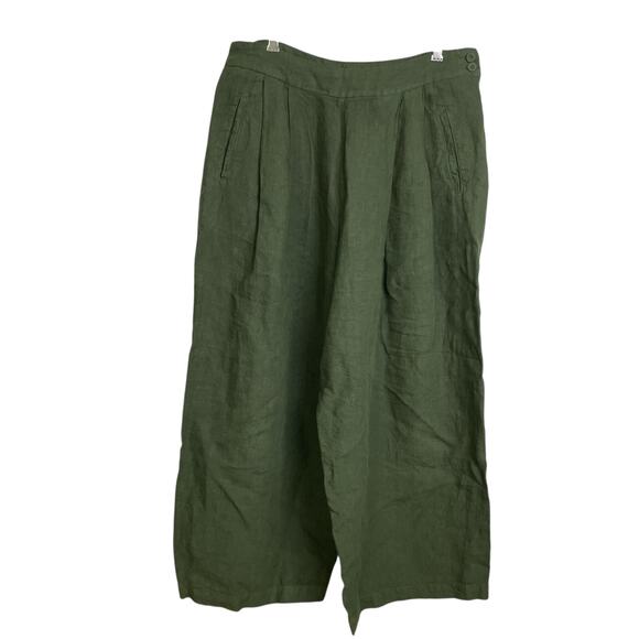 120% Lino Green Wide Leg Linen Pants Pleated Button Crop 24" Womens EU 48 NWOT - Picture 1 of 13